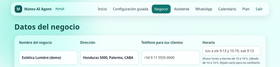 Formulario de datos del negocio con nombre, dirección, teléfono y horario