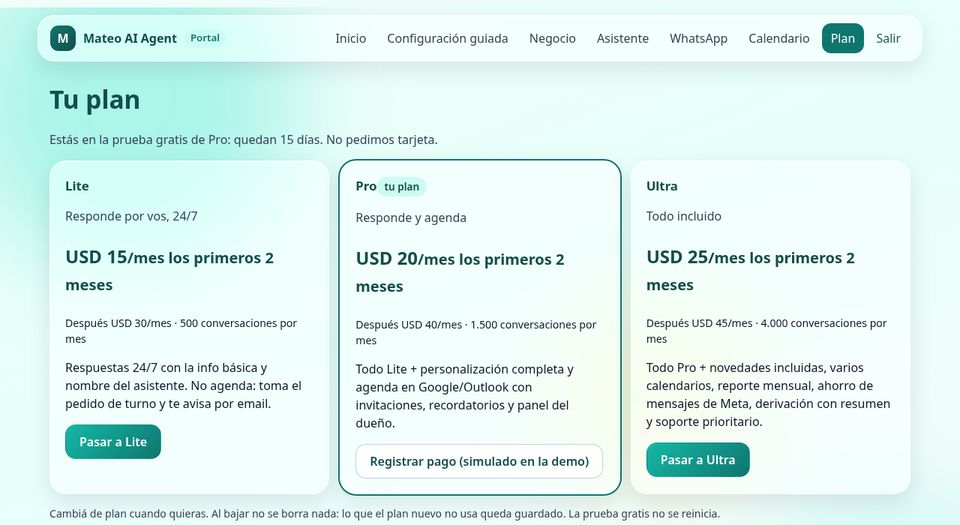 Pantalla de planes del portal con Lite, Pro y Ultra y sus precios